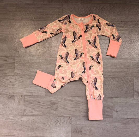 preorder Samples LR3367 Mallard Duck Pink Zipper Long Sleeve Girls Romper