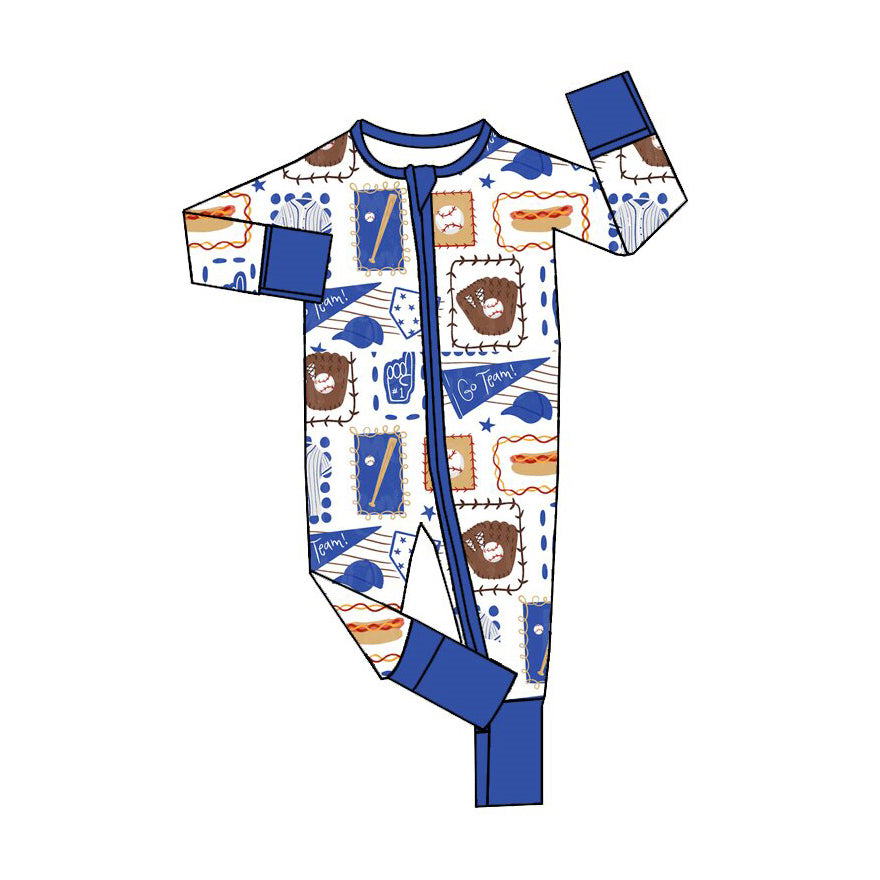 preorder LR3374 Go Team Blue Zipper Long Sleeve Boys Romper