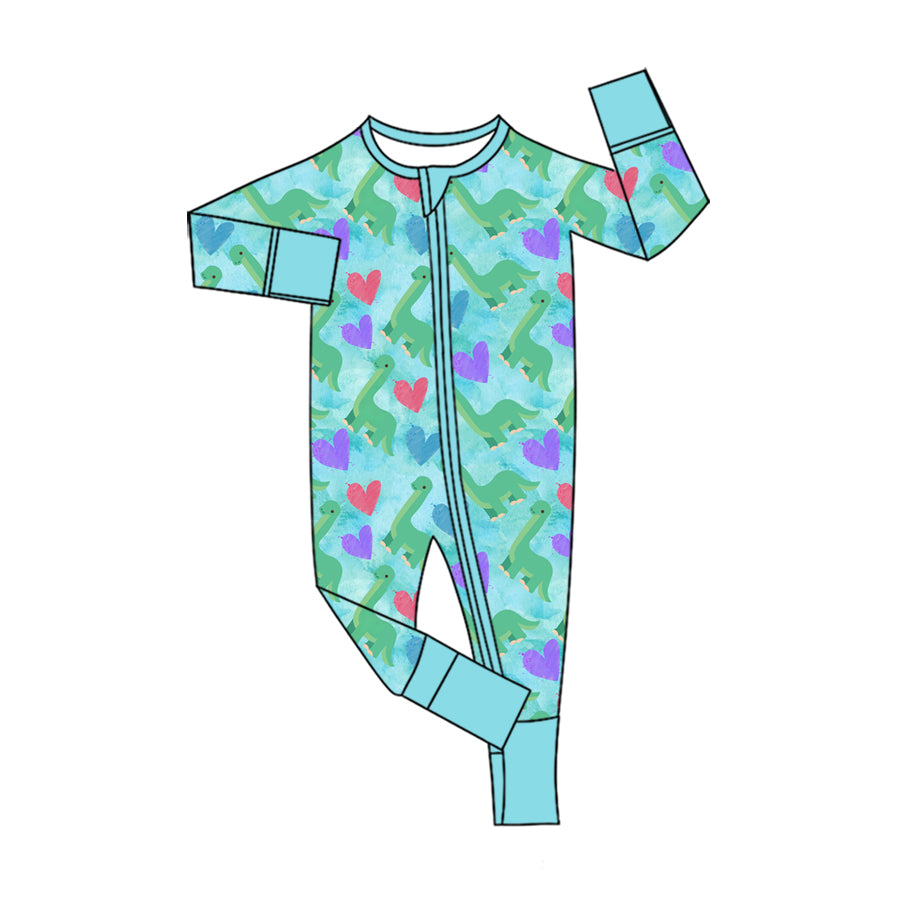 preorder LR3377 Valentine's Day Heart Dinosuar Zipper Long Sleeve Boys Romper