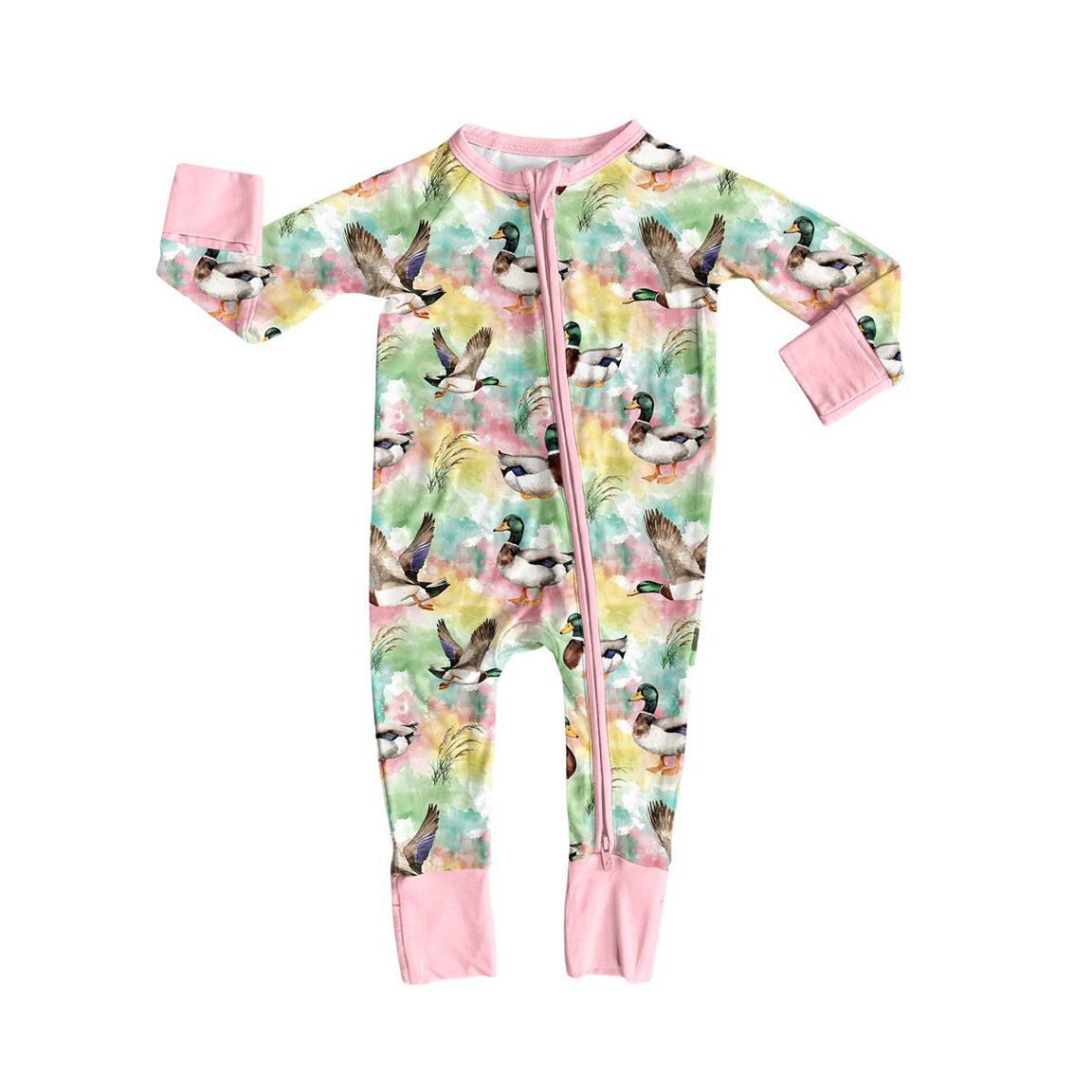 preorder LR3378 Mallard Duck Pink Zipper Long Sleeve Girls Romper