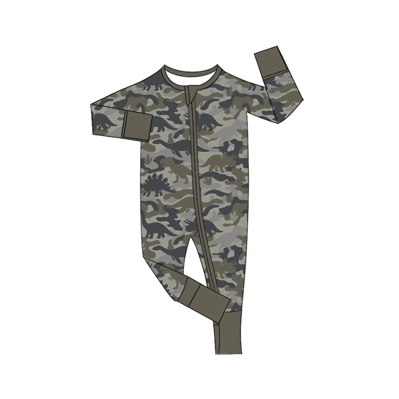 preorder LR3379 Camo Dinosaur Zipper Long Sleeve Boys Romper