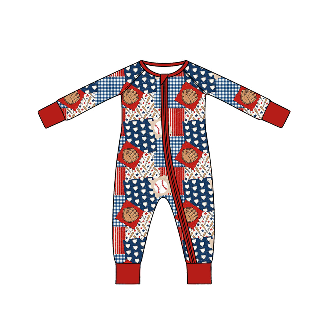preorder LR3386 Baseball Red Zipper Long Sleeve Boys Romper