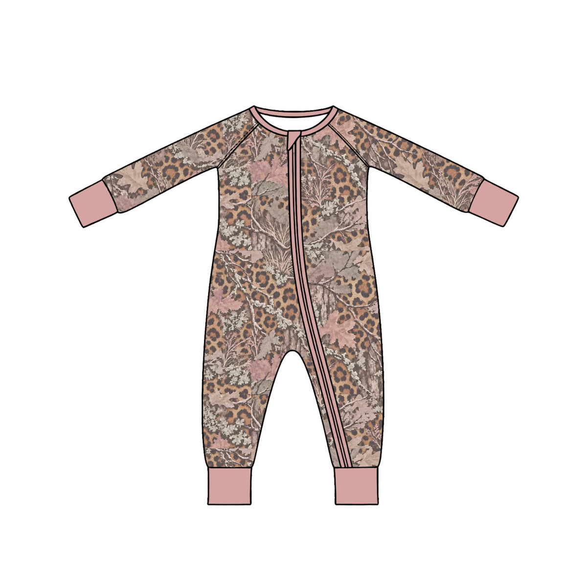preorder LR3387 Pink Flowers Leopard Zipper Long Sleeve Girls Romper