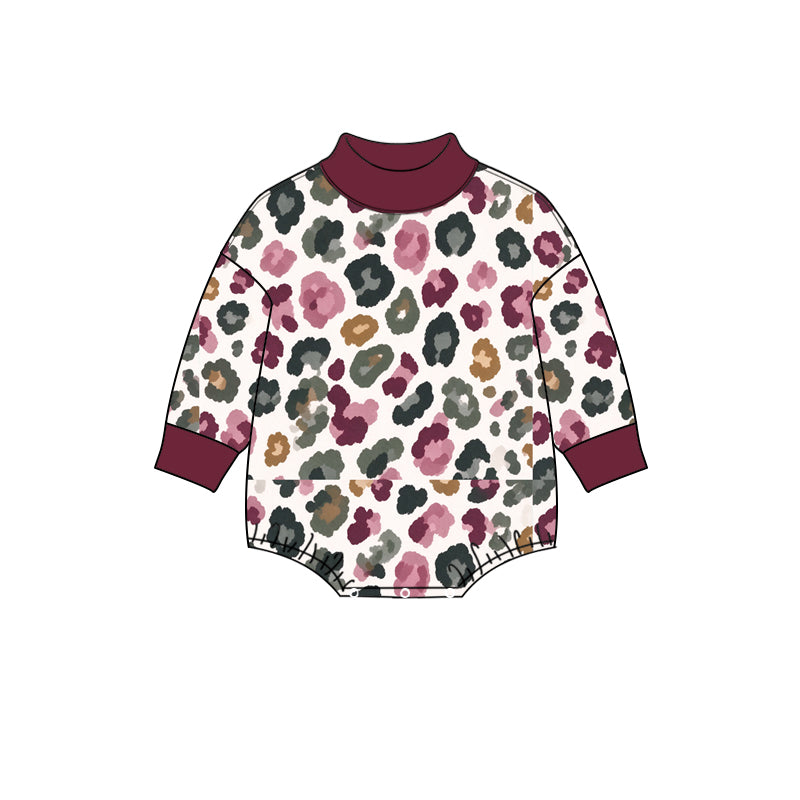 preorder LR3390 Leopard Maroon Long Sleeve Girls Romper