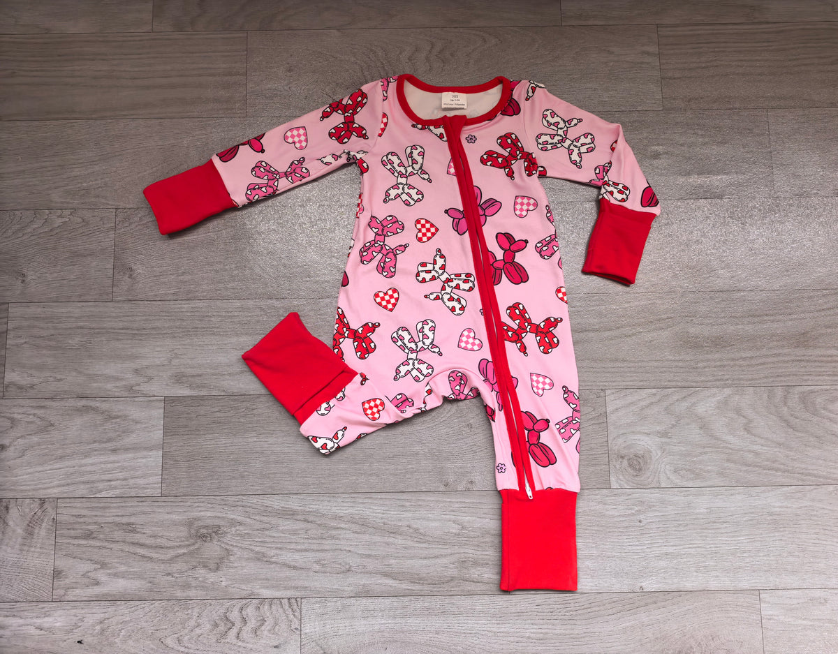 preorder Samples LR3406 Valentine's Day Heart Balloon Hot Pink Zipper Long Sleeve Girls Romper
