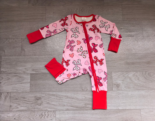 preorder Samples LR3406 Valentine's Day Heart Balloon Hot Pink Zipper Long Sleeve Girls Romper