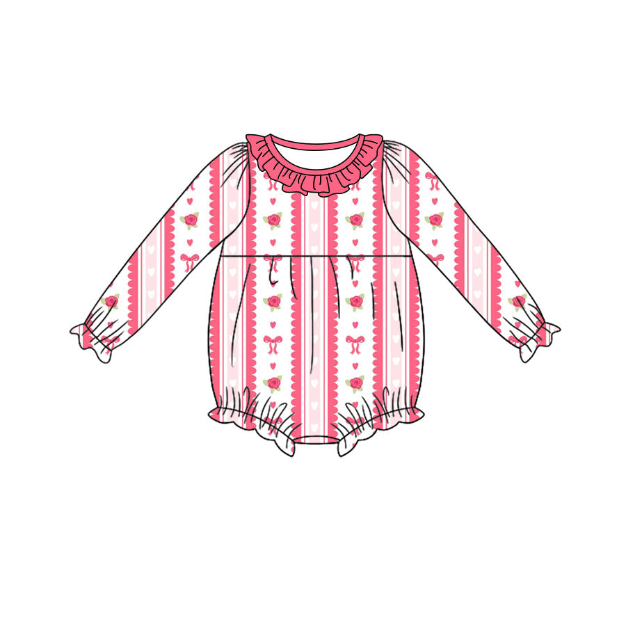 preorder LR3410 Pink Flowers Bows Long Sleeve Girls Romper