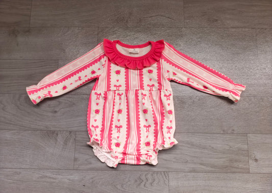 preorder Samples LR3410 Pink Flowers Bows Long Sleeve Girls Romper