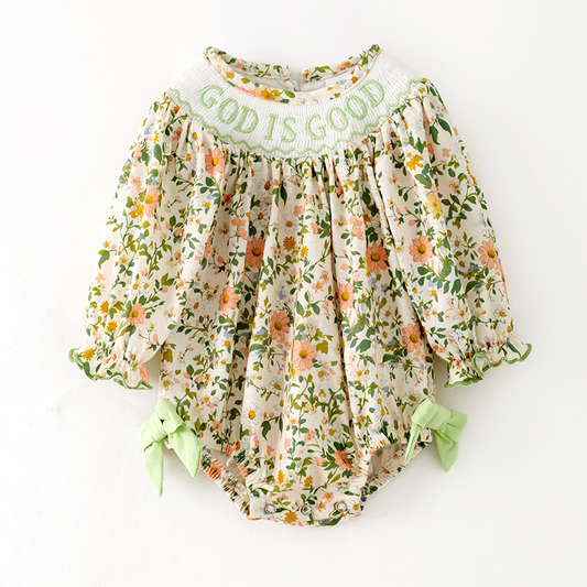 preorder LR3437 St Patrick Good Is God Flowers Long Sleeve Girls Romper