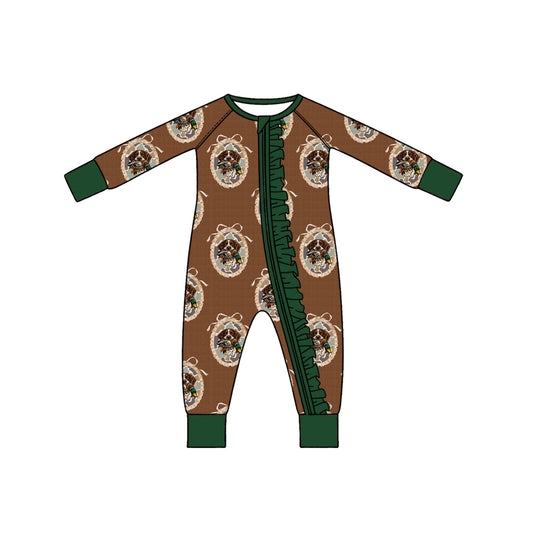 preorder LR3439 Hunting Duck Dog Brown Zipper Long Sleeve Girls Romper