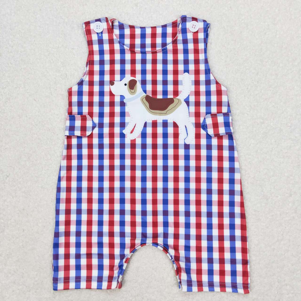 SR0821 Cute Pet Dog July 4th Checkered Sleeveless Boys Romper