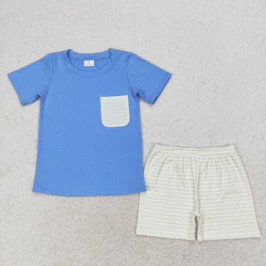 BSSO0985 blue pocket short sleeve yellow striped shorts boys set