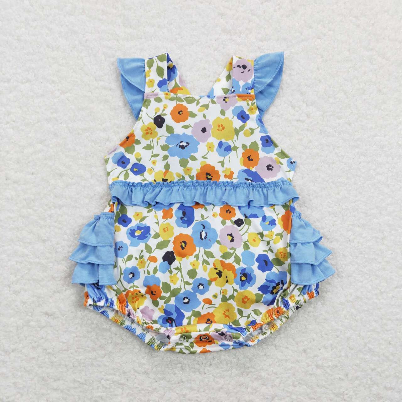 SR0824 Colorful Flowers Blue Flutter Sleeve Girls Romper