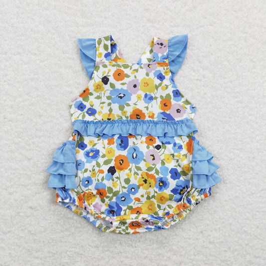 SR0824 Colorful Flowers Blue Flutter Sleeve Girls Romper