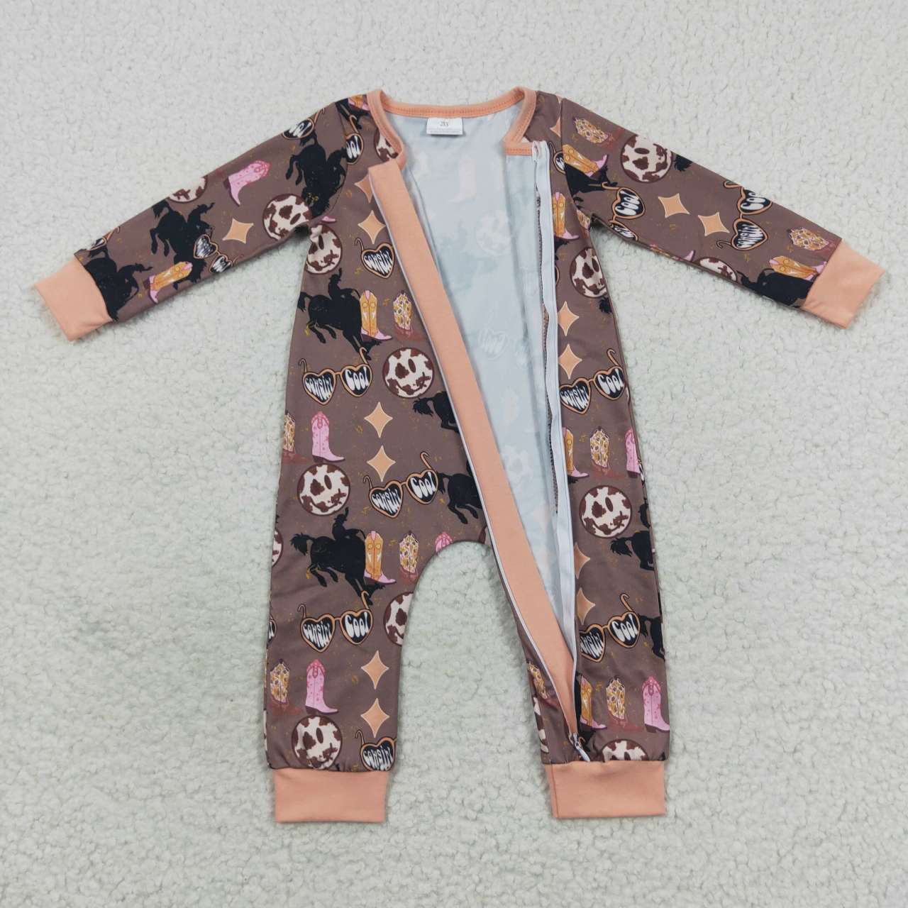 LR0482 Western Boot Brown Long Sleeve Kids Romper