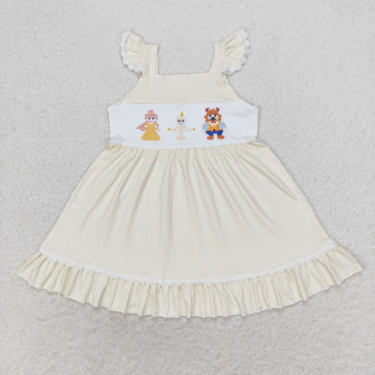 GSD0695 cartoon princess yellow striped flutter sleeve girls dress