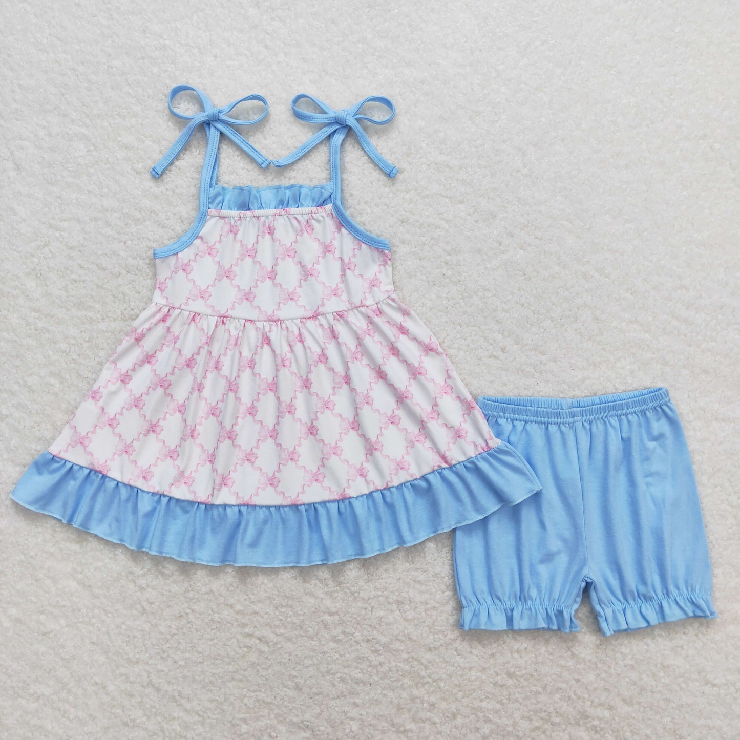 GSSO0668 Pink bowknot sleeveless blue shorts girls set