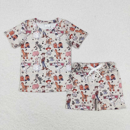 BSSO0659 Western cartoon dinosaur horse short sleeve shorts boys set