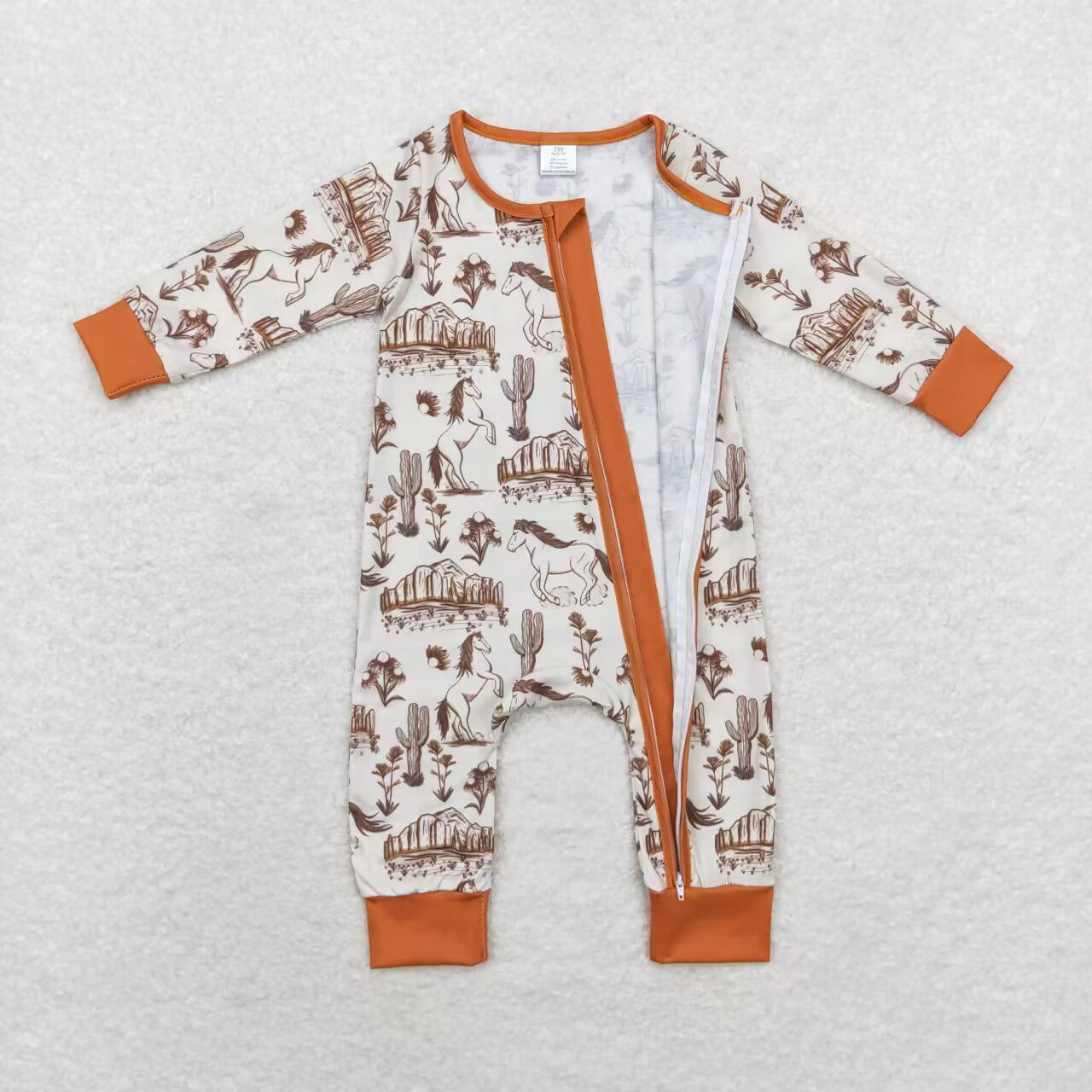 LR1164 bamboo Western horse cactus brown long sleeve zipper boys romper