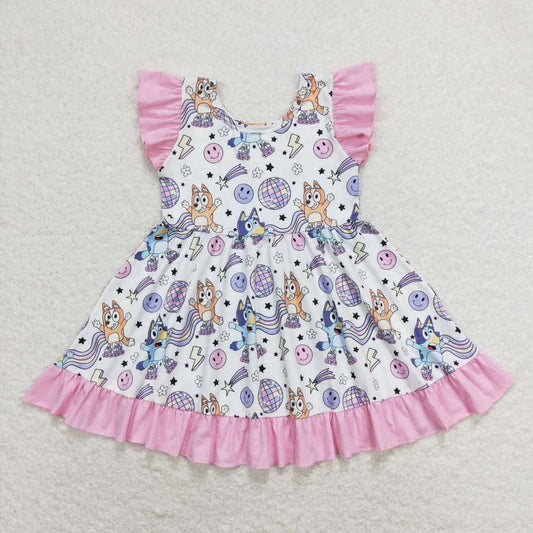 GSD1062 cartoon blue dog star smile purple flutter sleeve girls dress