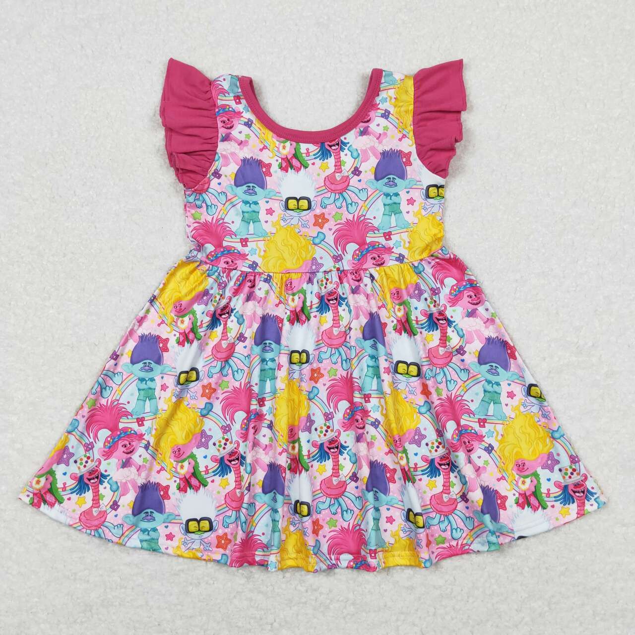 GSD0943 cartoon long hair baby hot pink flutter sleeve girls dress