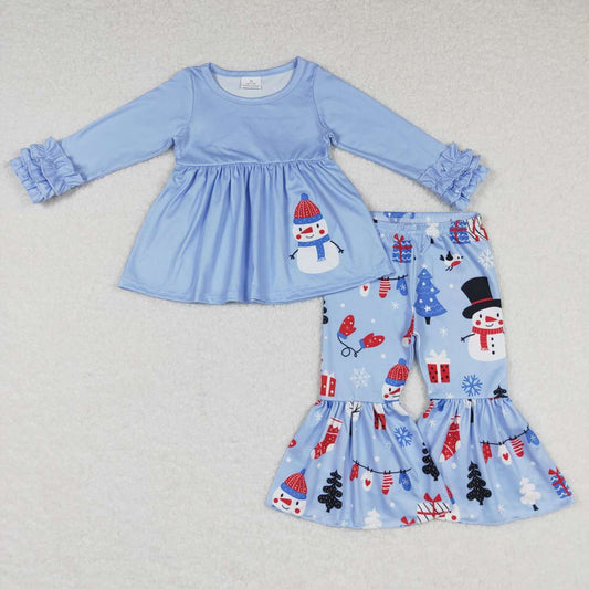 GLP0901 Christmas snowman blue ruffles long sleeve pants girls set