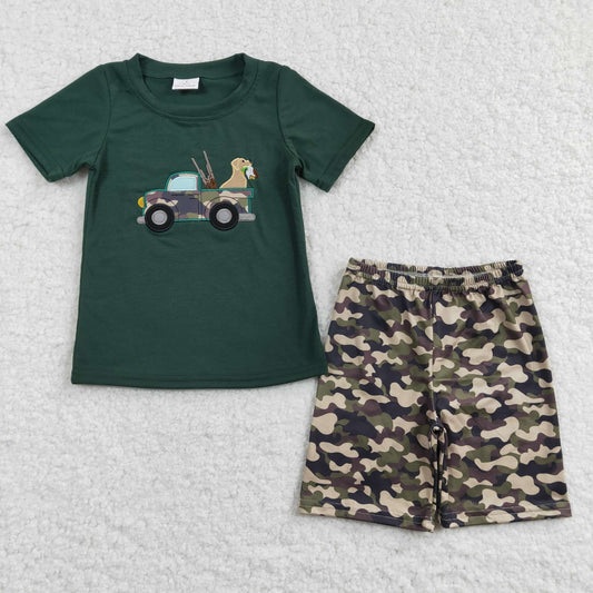 BSSO0111 Green Embroidery Hunting Dog Camo Shorts Summer Boys Outfit