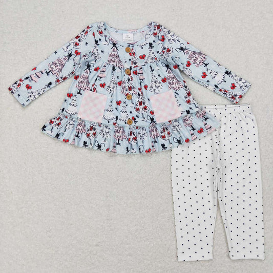 GLP0988 Christmas tree pocket long sleeve white dot pants girls set