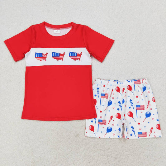 BSSO0633 July 4th flag red short sleeve balloon shorts boys set