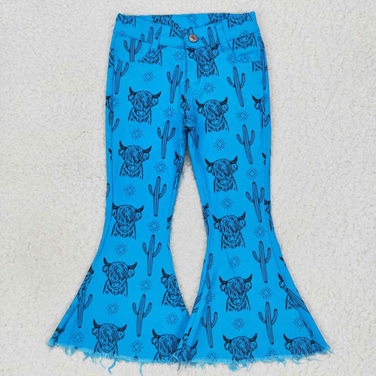 P0281 Western highland cow cactus blue girls denim pants