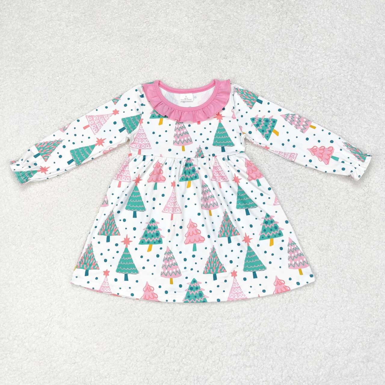 GLD0540 Christmas green tree long sleeve pink girls dress