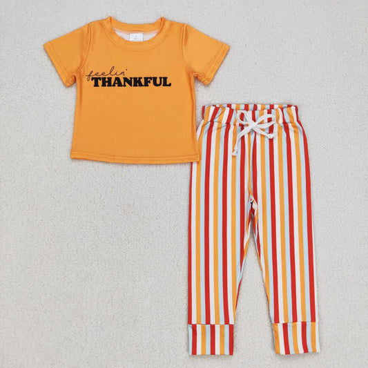 BSPO0167 Thankful orange short sleeve red & orange striped pants kids set