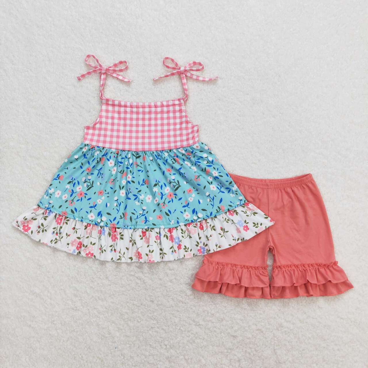 GSSO0837 flowers green lace-up red shorts girls trendy set