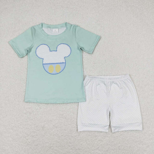BSSO0675 Cartoon M green short sleeve white shorts boys set