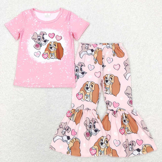 GSPO1233 Girl Cartoon Dog Heart Pink Short Sleeve Pants Girls Set Kids Valentine's Day Clothes