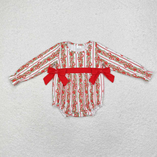 LR1303 Christmas red bows long sleeve girls romper