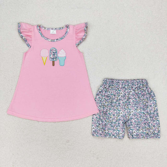 GSSO1193 embroidery cute ice pink flutter sleeve top colorful flowers floral shorts girls set