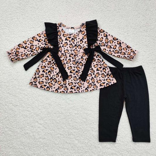 GLP1238 leopard bows long sleeve black pants girls set