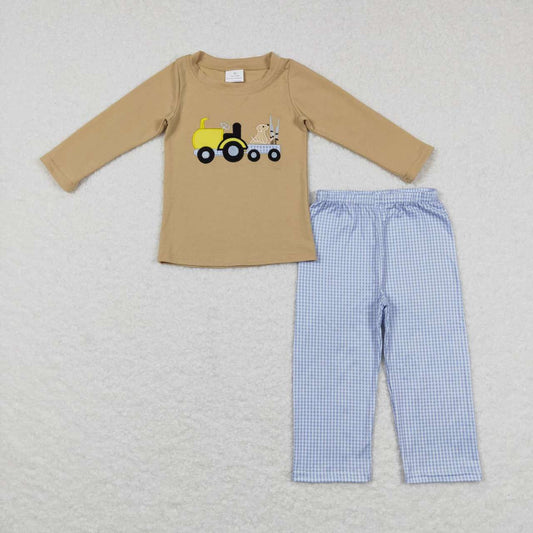 BLP0382 Hunt dog deer brown long sleeve blue plaid pants boys set