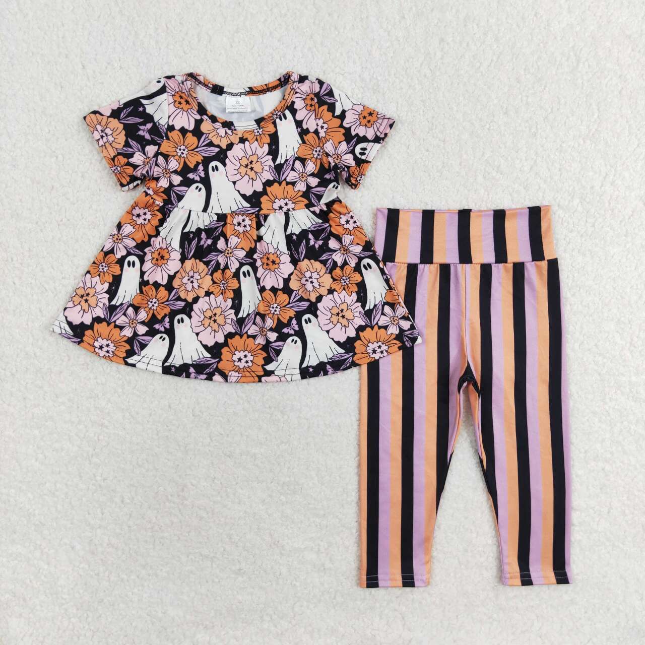 GSPO1617 Halloween spooky flowers short sleeve colorful striped pants girls set