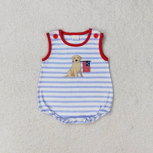 SR1080 embroidery July 4th dog flag blue striped sleeveless boys romper