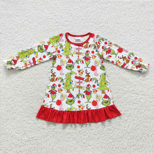 GLD0299 Christmas Green Face Long Sleeve Girls Dress Kids Clothes