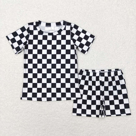 BSSO0327 Black checkered short sleeve shorts kids pajamas