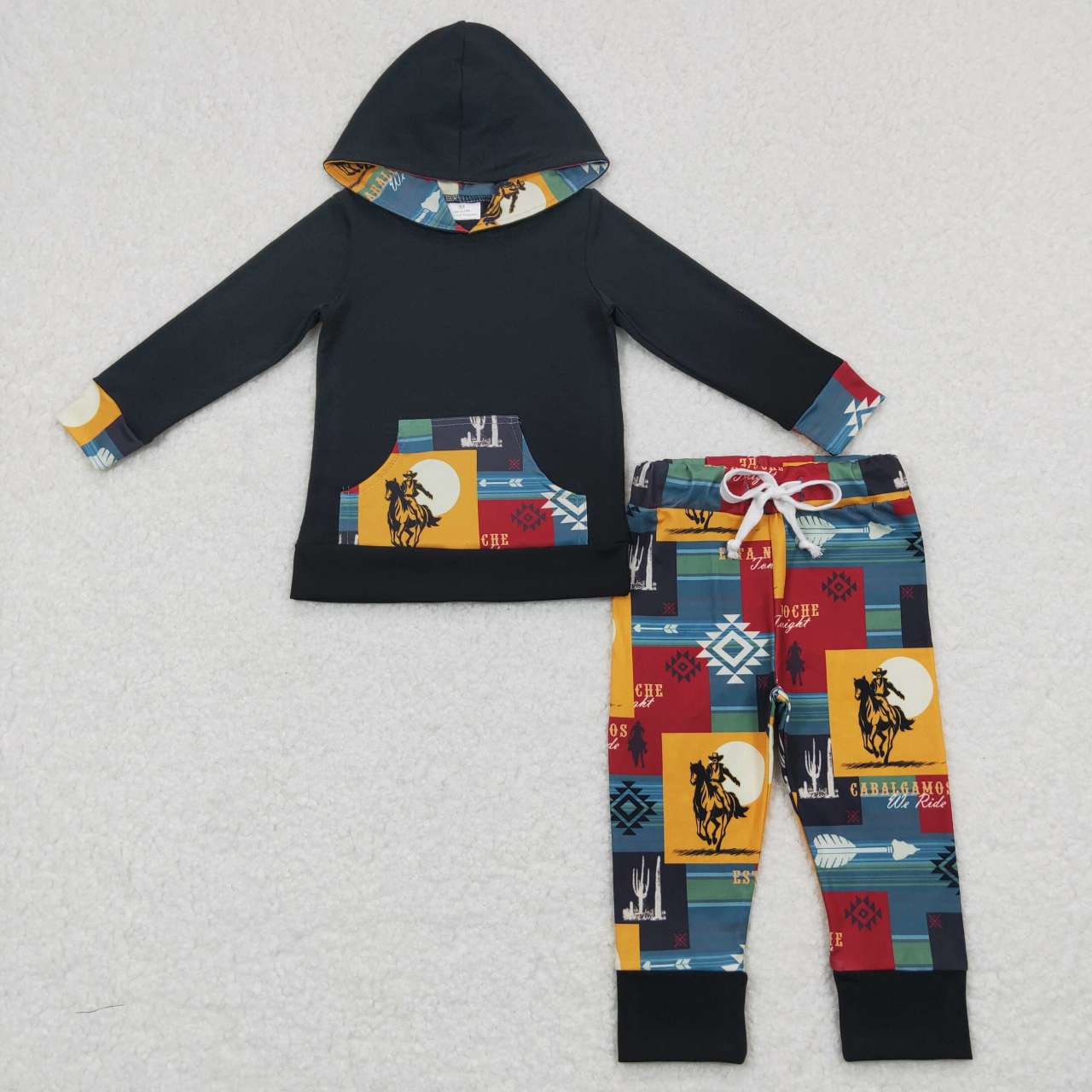 BLP0355 Western & aztec black hoodie boys set