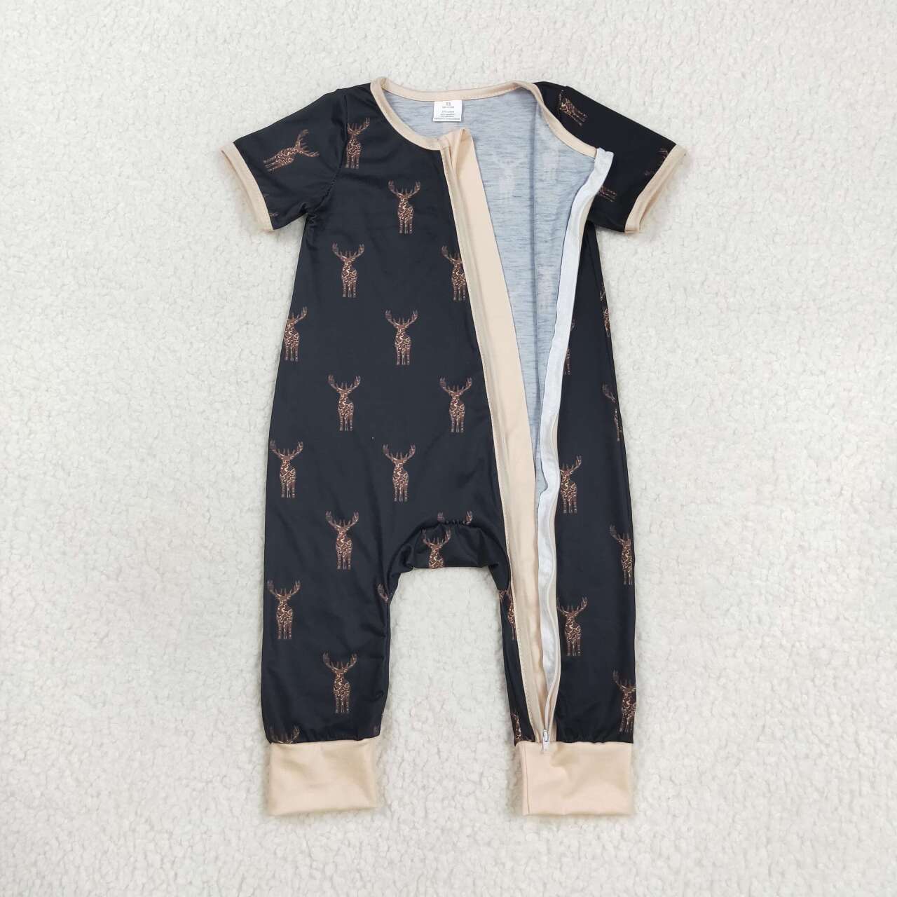 SR1896 Hunting deer black short sleeve zipper boys romper