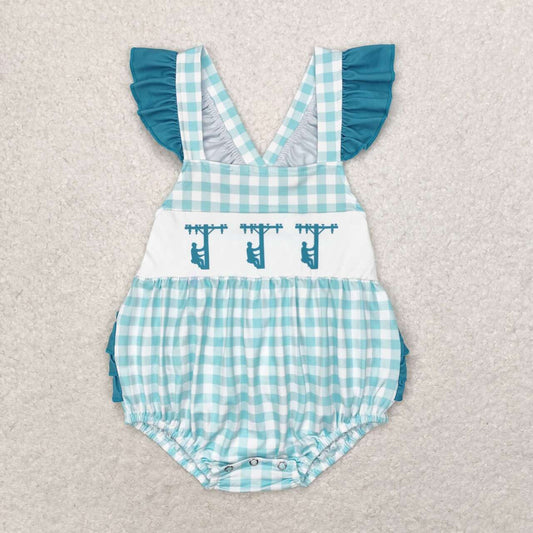 SR1290 lineman blue checkered short sleeve girls romper