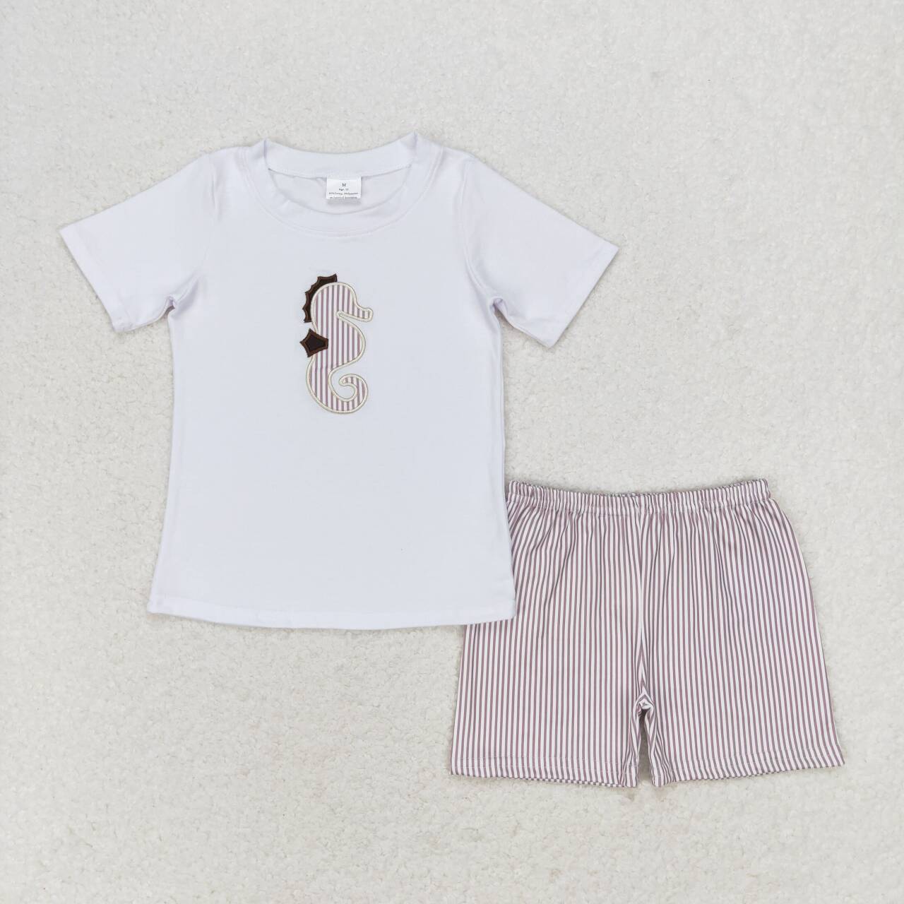 BSSO0837 embroidery sea horse short sleeve khaki striped shorts boys set