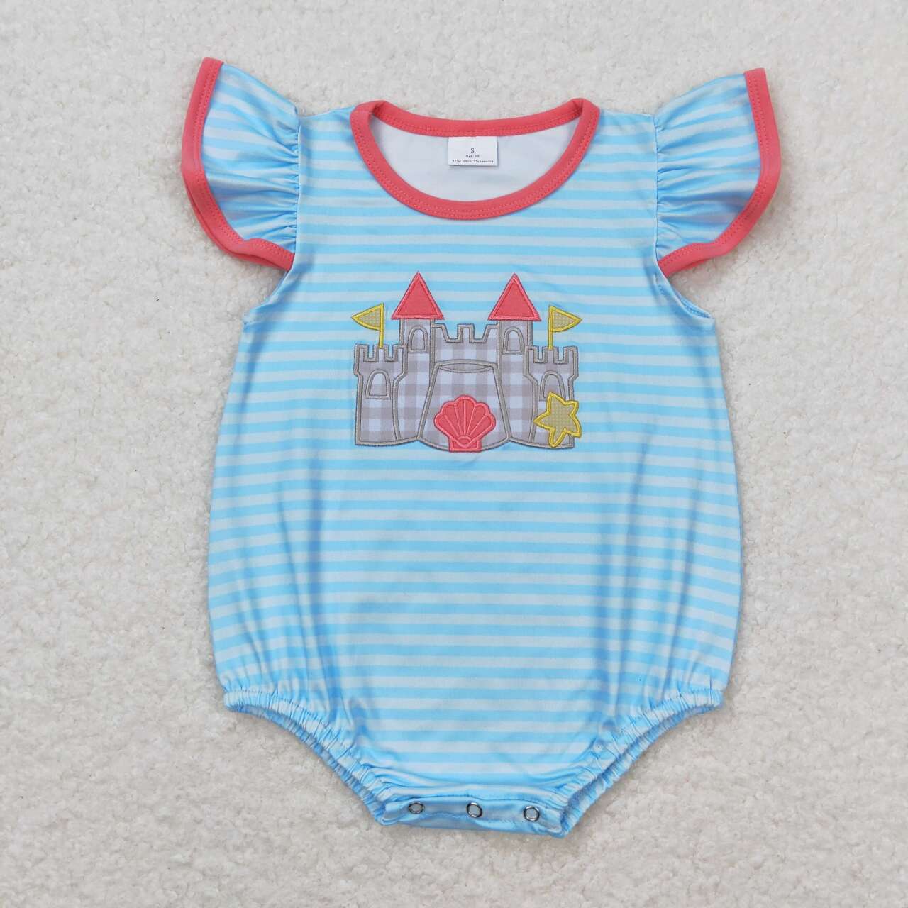 SR1317 embroidery beach castle blue striped flutter sleeve girls romper