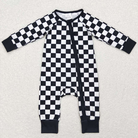 LR0812 Black checkered zipper long sleeve kids romper