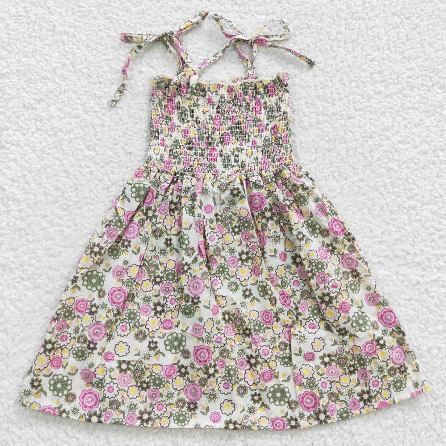 GSD0371 Smocking Stitch Pink & Green Flowers Girls Summer Dress